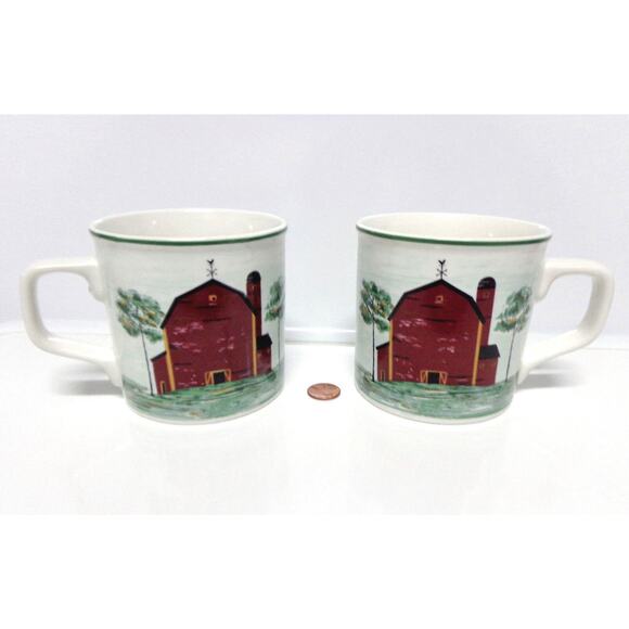 Tienshan Stoneware Coffee Mugs 2 Farm House Prairie Red Barn 14oz Tea Cups New - Picture 6 of 6